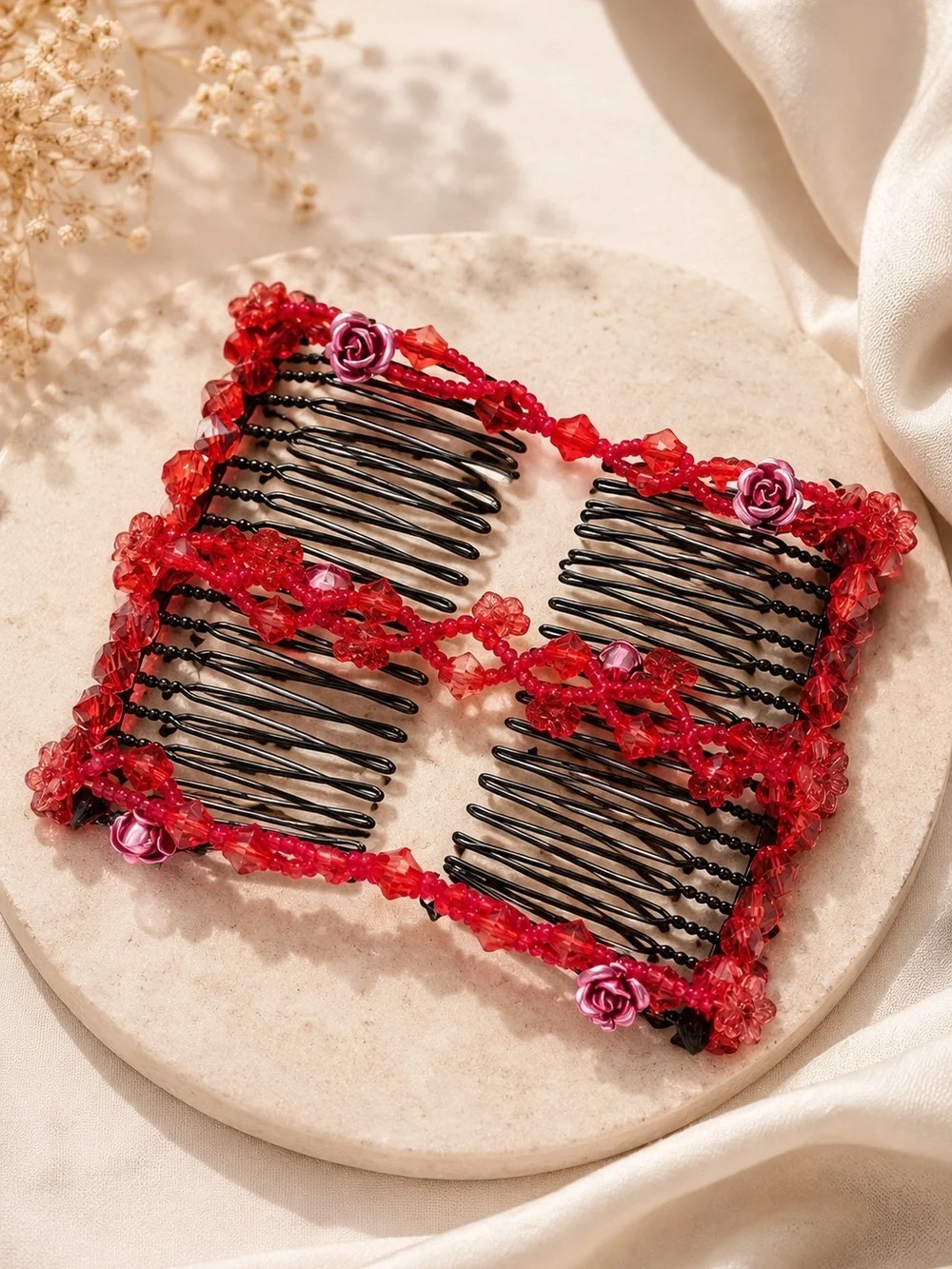 Hair Fast Red Beaded Stretch Hair Comb Crystal Rose Flexible Double Comb Updo